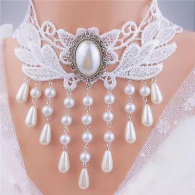Gothic Gemstone Decorative Tassel Design Lace Choker Necklace