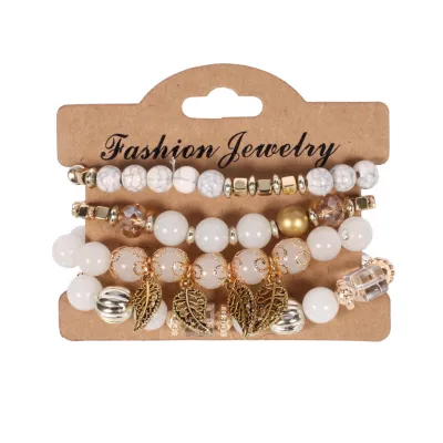 Boho Leaf Pendant Beaded Elastic Bracelet Set for Women