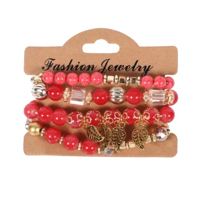 Boho Leaf Pendant Beaded Elastic Bracelet Set for Women