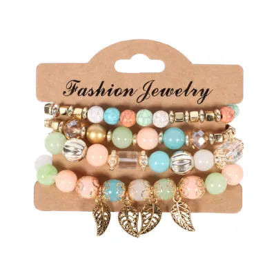 Boho Leaf Pendant Beaded Elastic Bracelet Set for Women