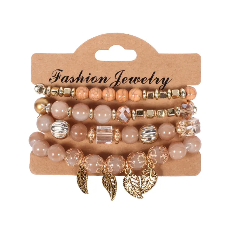 Boho Leaf Pendant Beaded Elastic Bracelet Set for Women