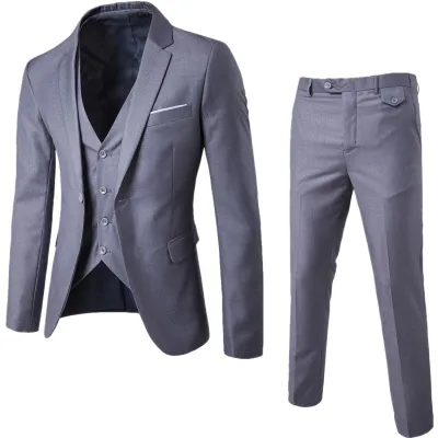 Men Plus Size Spring Suits Three-Piece Set Solid Color Slim Fit Professional Formal Wear