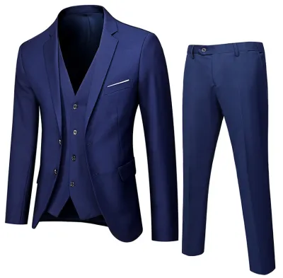 Men Plus Size Spring Suits Three-Piece Set Solid Color Slim Fit Professional Formal Wear