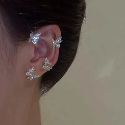 Simple Creative Butterfly Shape Design Rhinestone Alloy Clip Earrings