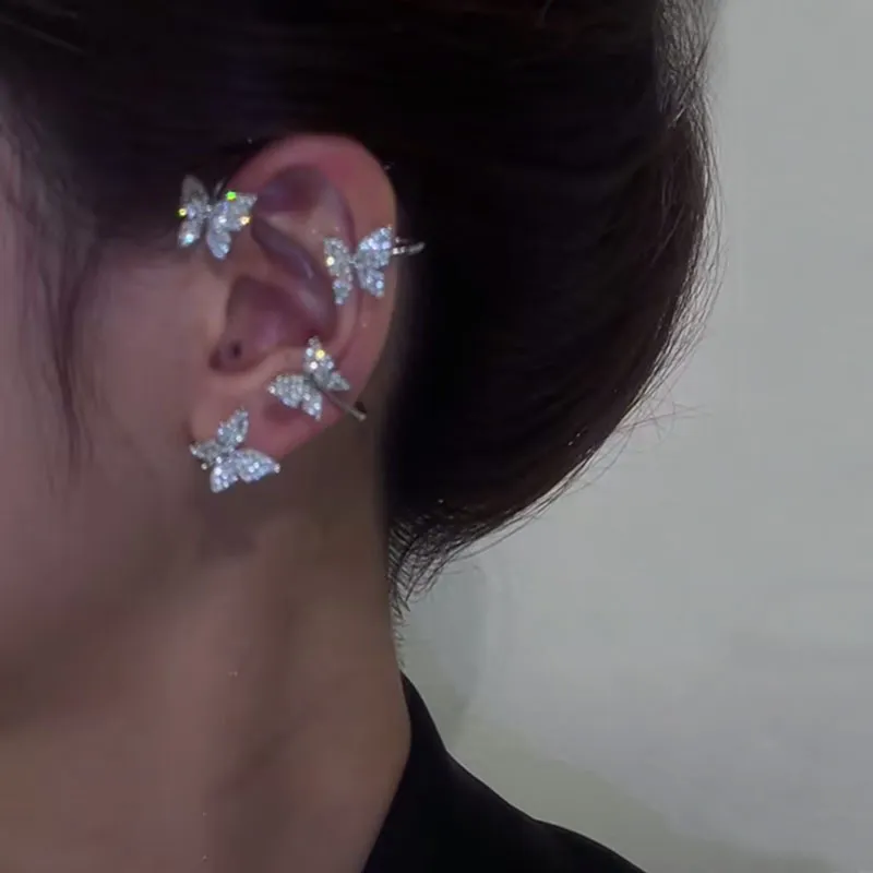 Simple Creative Butterfly Shape Design Rhinestone Alloy Clip Earrings