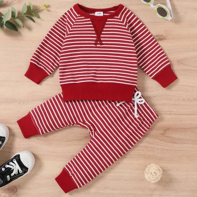 Baby Casual Round Neck Long-sleeved Stripe Top and Pants Pajamas Set Unisex Cotton Blend