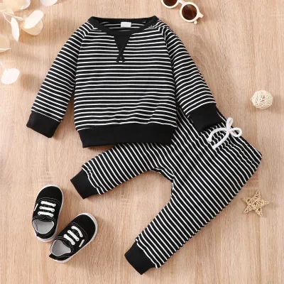 Baby Casual Round Neck Long-sleeved Stripe Top and Pants Pajamas Set Unisex Cotton Blend