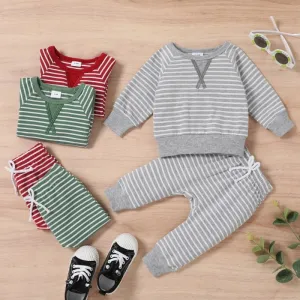 Baby Casual Round Neck Long-sleeved Stripe Top and Pants Pajamas Set Unisex Cotton Blend