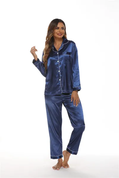 Women's Color Blocking V-Neck Lapel Pajamas Set - Casual Silk-Like Sleepwear