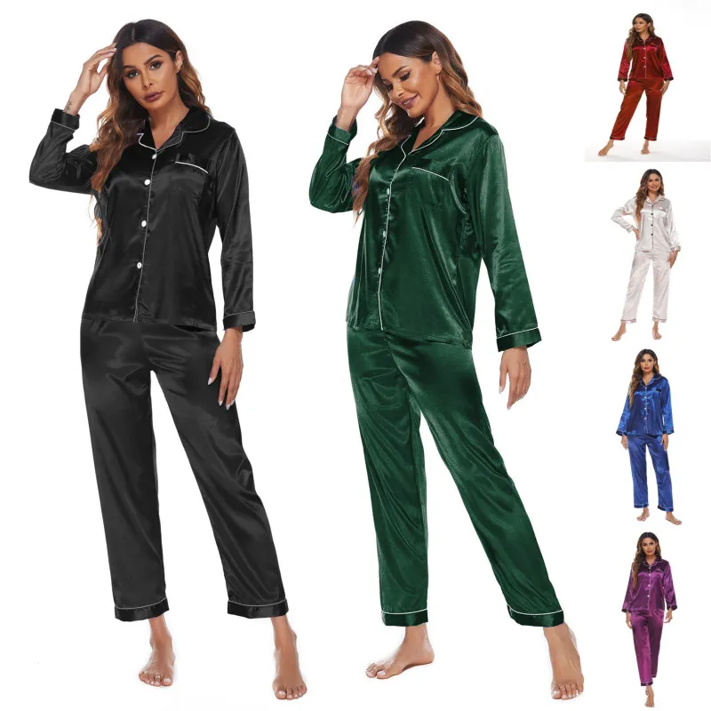 Women's Color Blocking V-Neck Lapel Pajamas Set - Casual Silk-Like Sleepwear