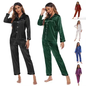 Women's Color Blocking V-Neck Lapel Pajamas Set - Casual Silk-Like Sleepwear