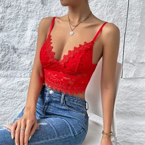 Women Sexy Solid Color Lace V Neck Sleeveless Crop Camisole