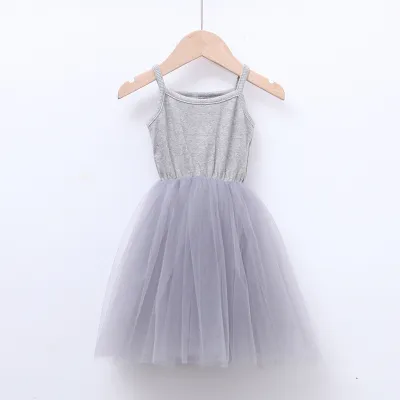 Girls Basic Solid Color Mesh Spliced Fluffy Sleeveless Cotton Slip Dress