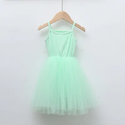 Girls Basic Solid Color Mesh Spliced Fluffy Sleeveless Cotton Slip Dress