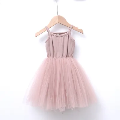 Girls Basic Solid Color Mesh Spliced Fluffy Sleeveless Cotton Slip Dress