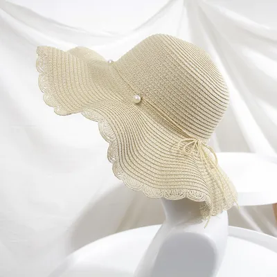 Women Summer Classic Imitation Pearl Decoration Visor Straw Hat