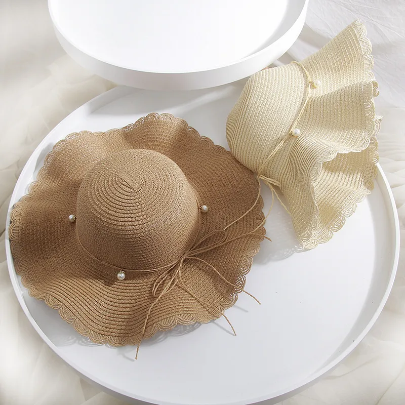 Women Summer Classic Imitation Pearl Decoration Visor Straw Hat