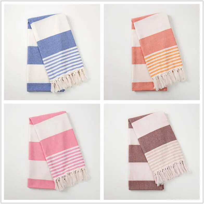 Fashion Creative Stripes Contrast Color Tassel Beach Towel Cotton