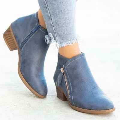Women Casual Vintage Solid Color Suede Upper Side Zipper Chunky Heel Short Boots