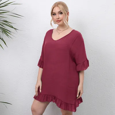 Plus Size Women Basic Beach Loose Ruffle Solid Color Short Sleeves Dress