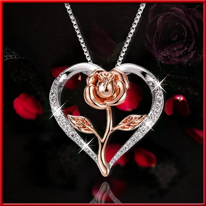 Simple Temperament Heart Rose Pendant Design Zircon Decoration Alloy Necklace