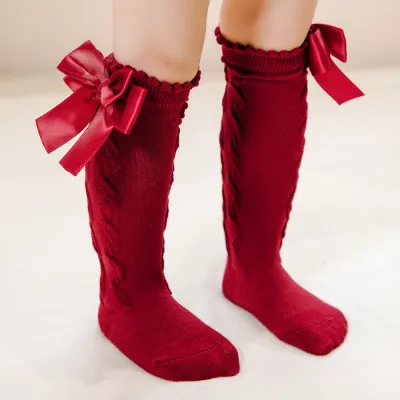 Girls Basic Solid Color Double Bow Knee-length Loose Cotton Socks