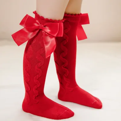 Girls Basic Solid Color Double Bow Knee-length Loose Cotton Socks