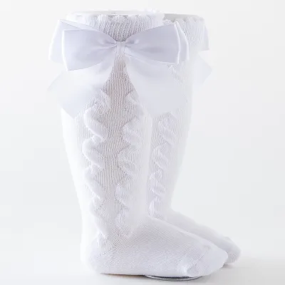 Girls Basic Solid Color Double Bow Knee-length Loose Cotton Socks