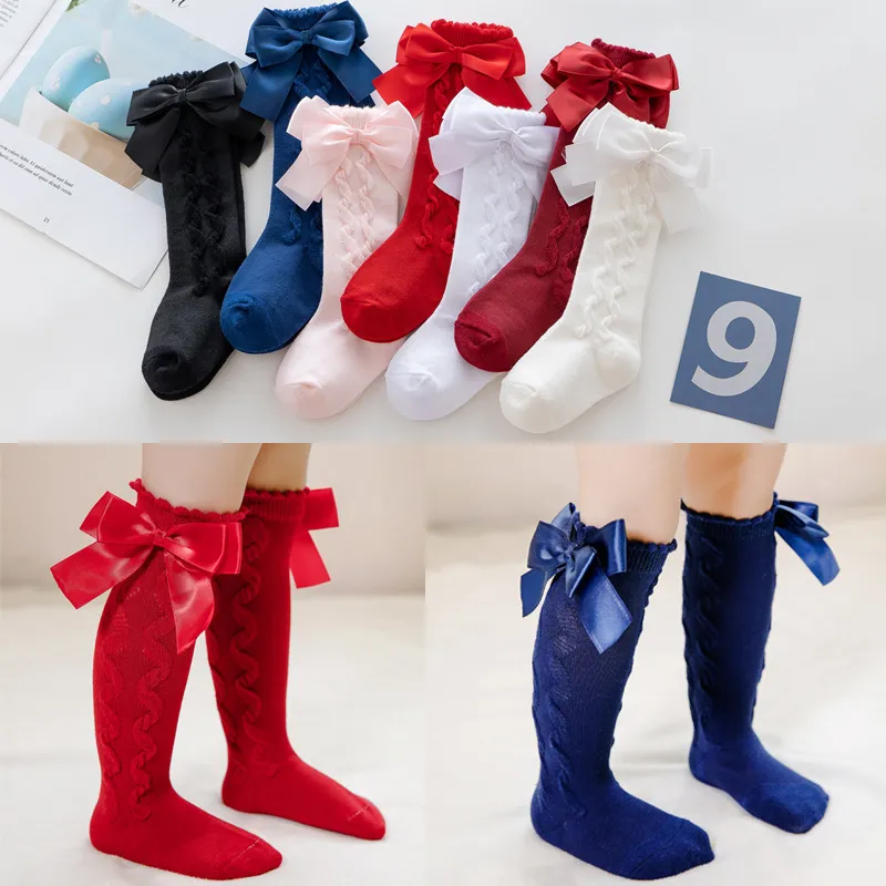 Girls Basic Solid Color Double Bow Knee-length Loose Cotton Socks