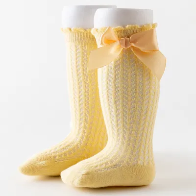 Baby Girls Basic Solid Color Big Bow Mesh Tube Knee-length Loose Socks
