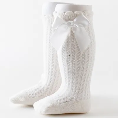Baby Girls Basic Solid Color Big Bow Mesh Tube Knee-length Loose Socks