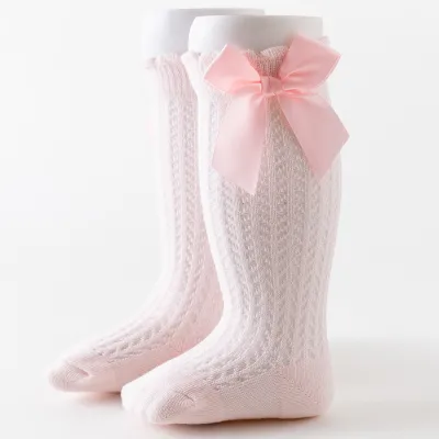 Baby Girls Basic Solid Color Big Bow Mesh Tube Knee-length Loose Socks