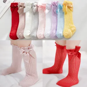 Baby Girls Basic Solid Color Big Bow Mesh Tube Knee-length Loose Socks