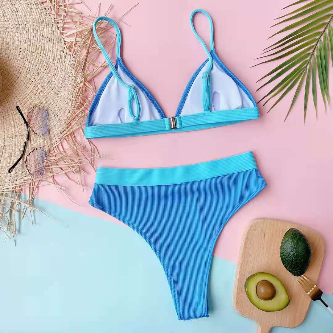 Wholesale Women Sexy Color Blocking Rib Knit Bikini Swimwear