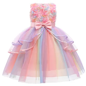 Girls Cute Sleeveless Flower Bow Mesh Princess Party Dress