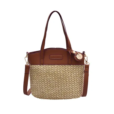 Women Pastoral Color Blocking Woven PU Shoulder Bucket Bag