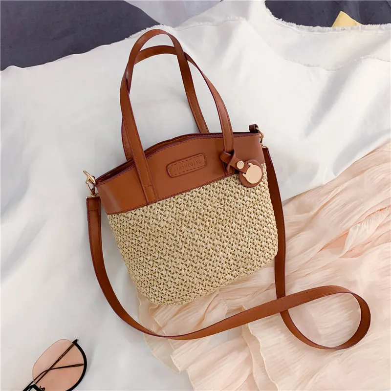 Women Pastoral Color Blocking Woven PU Shoulder Bucket Bag