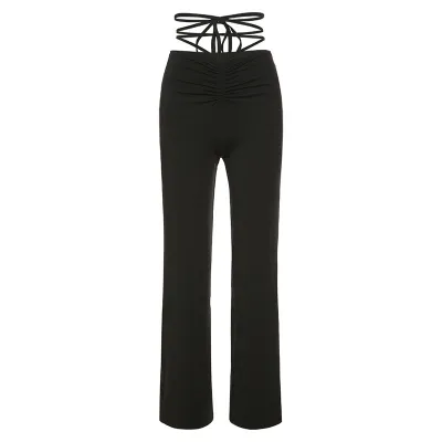 Women Edgy Sexy High Waist Bandage Solid Color Straight Pants