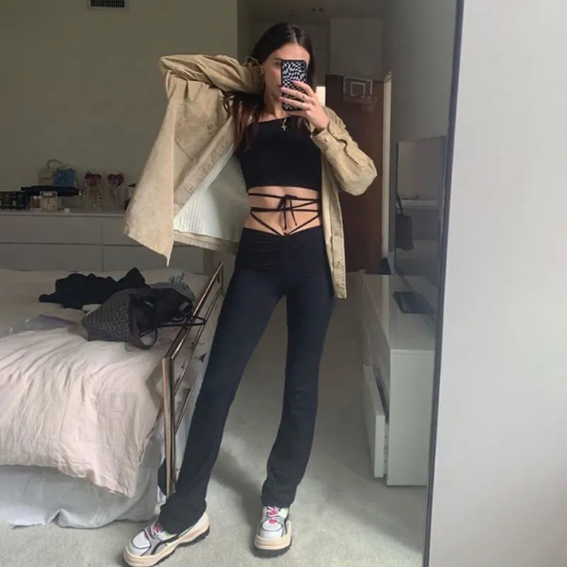 Women Edgy Sexy High Waist Bandage Solid Color Straight Pants