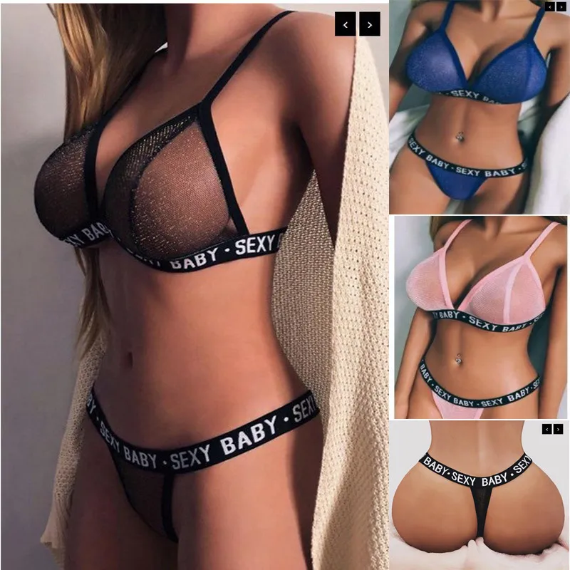 Women Sexy Letter Print Halter Neck Backless Sleeveless See-through Beach Swimsuit Bikini Set