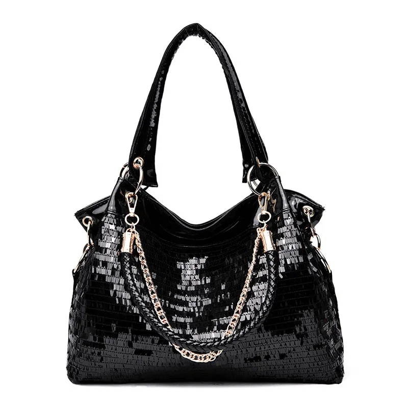 Women Vintage Sequin Solid Color PU Shoulder Handle Bag Large Capacity