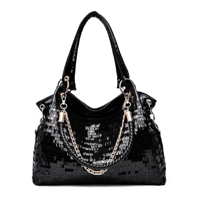 Women Vintage Sequin Solid Color PU Shoulder Handle Bag Large Capacity