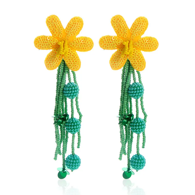 Boho Handmade Flower Shape Beaded Sequin Decorative Tassel Drop Earrings