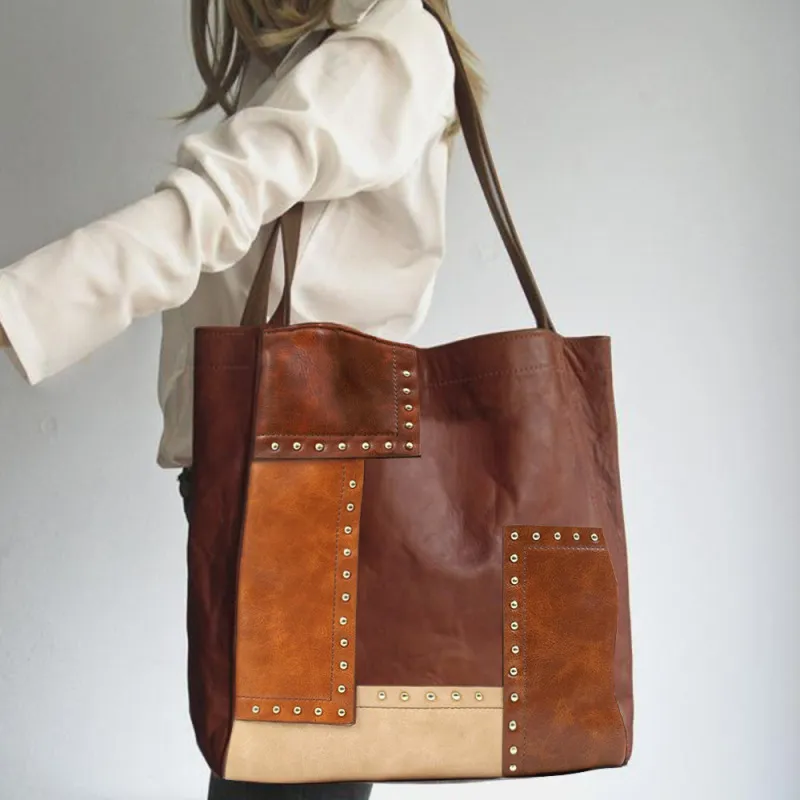 Vintage Fashion Rivet Color Blocking Large Capacity PU Shoulder Bag Tote