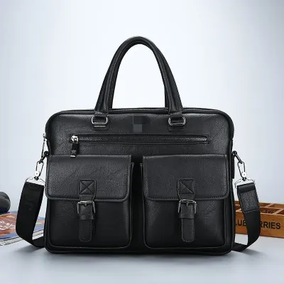Men Large-Capacity Business Briefcase Zipper PU Soft Messenger Handbag