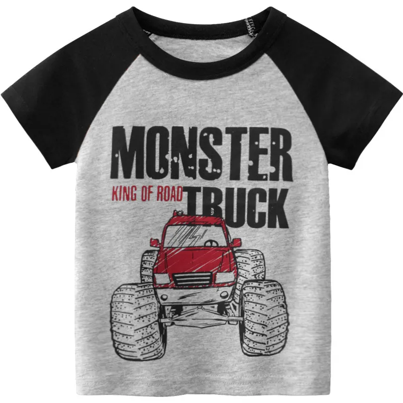 Boys Cartoon Car Letter Round Neck Short Sleeve Cotton T-Shirt