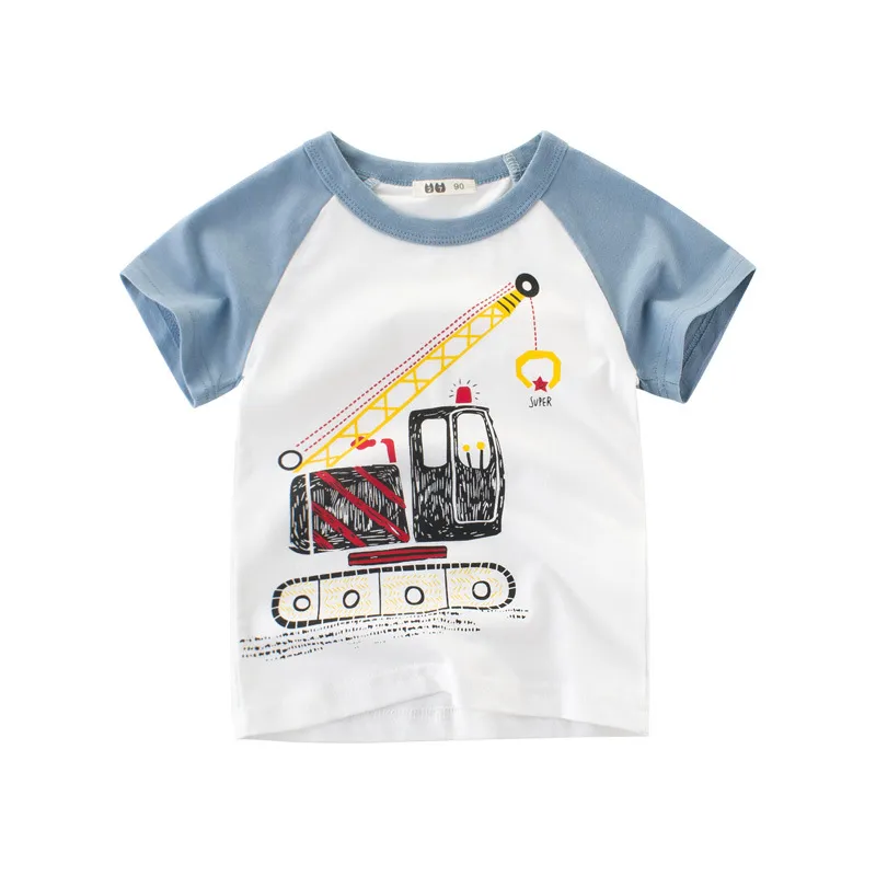 Boys Basic Excavator Car Round Neck Short-sleeved T-shirt Cotton Unisex Crew Neck Tee