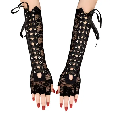 Women Vintage Lolita Lace Up Half Finger Gloves Nylon Monochrome