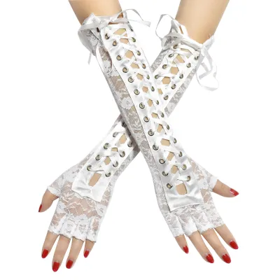 Women Vintage Lolita Lace Up Half Finger Gloves Nylon Monochrome