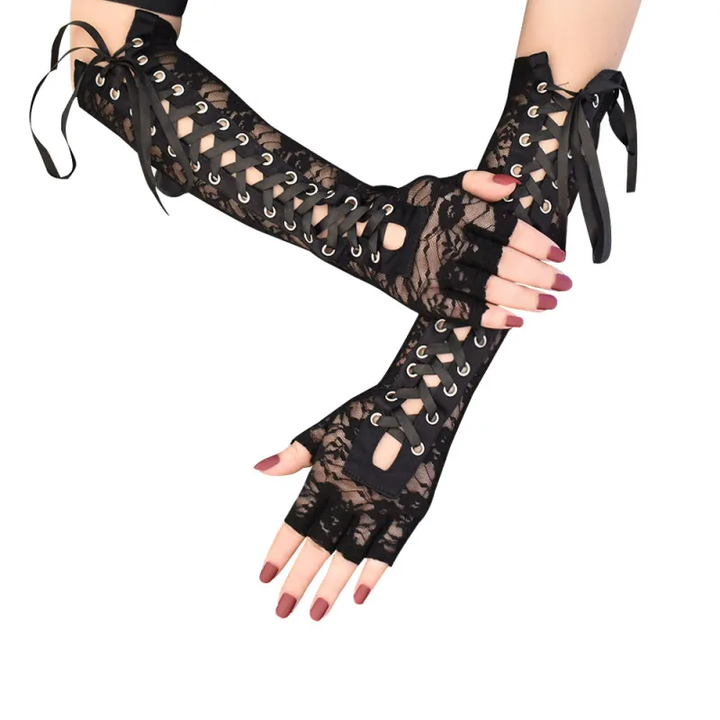 Women Vintage Lolita Lace Up Half Finger Gloves Nylon Monochrome